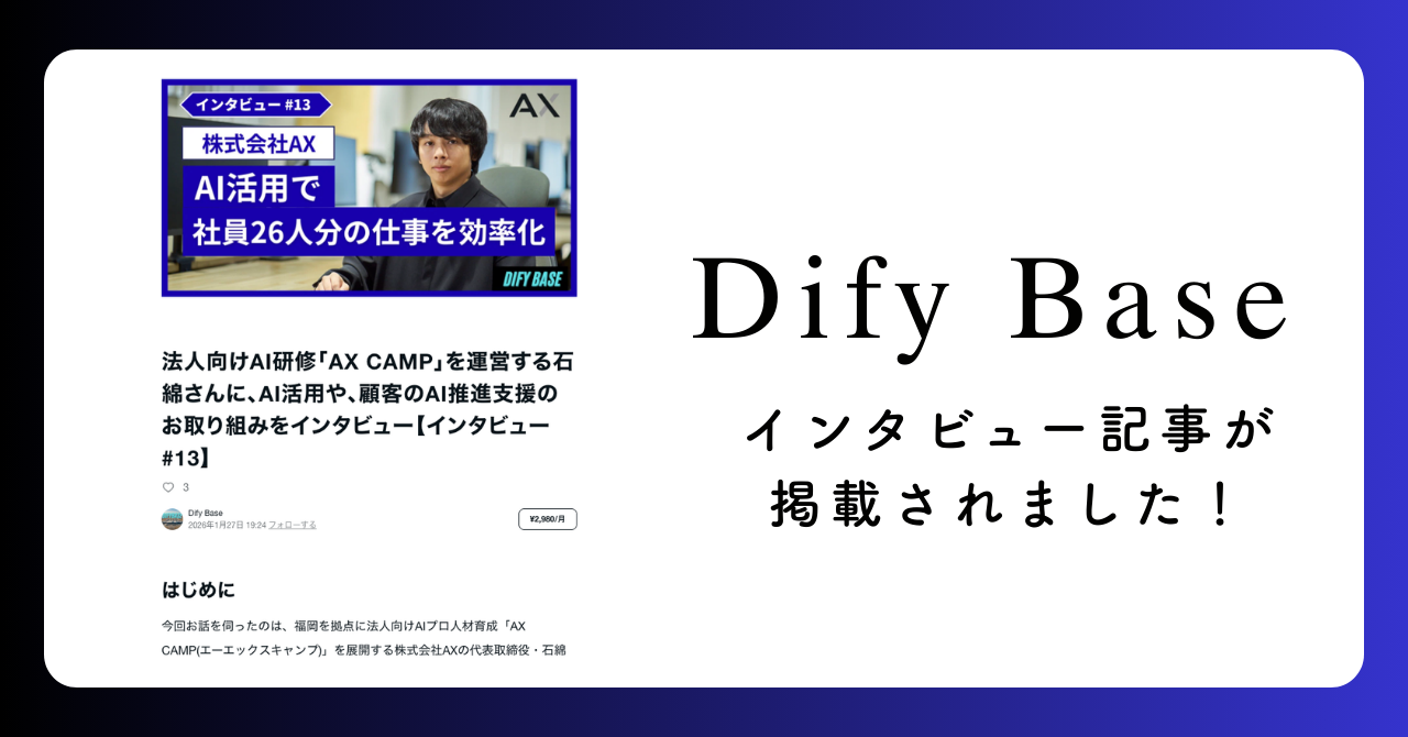 「Dify Base」にて、代表・石綿のインタビュー記事が掲載されました