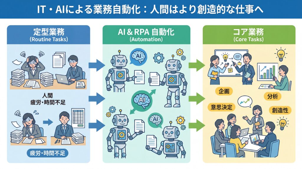 定型業務をAIやRPAが代替し、人間は企画や分析などのコア業務に集中する様子を示した図