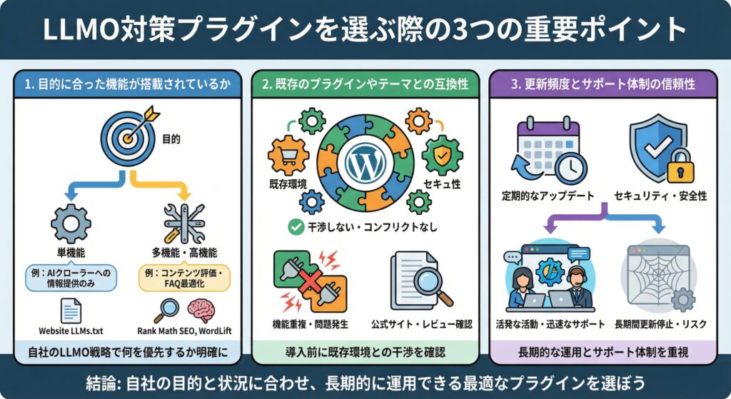 LLMO対策プラグインを選ぶ際の3つの重要ポイント