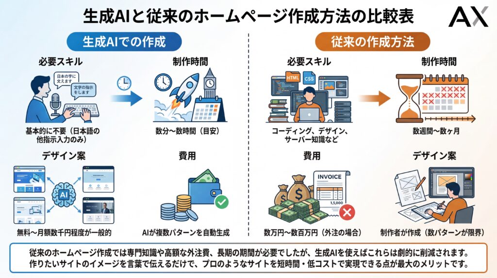 生成AIと従来のホームページ作成方法をスキル、時間、費用、デザイン案の4項目で比較した表