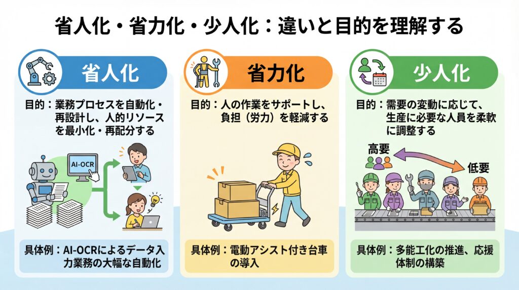 省人化、省力化、少人化の3つの概念について、目的と具体例を比較したもの