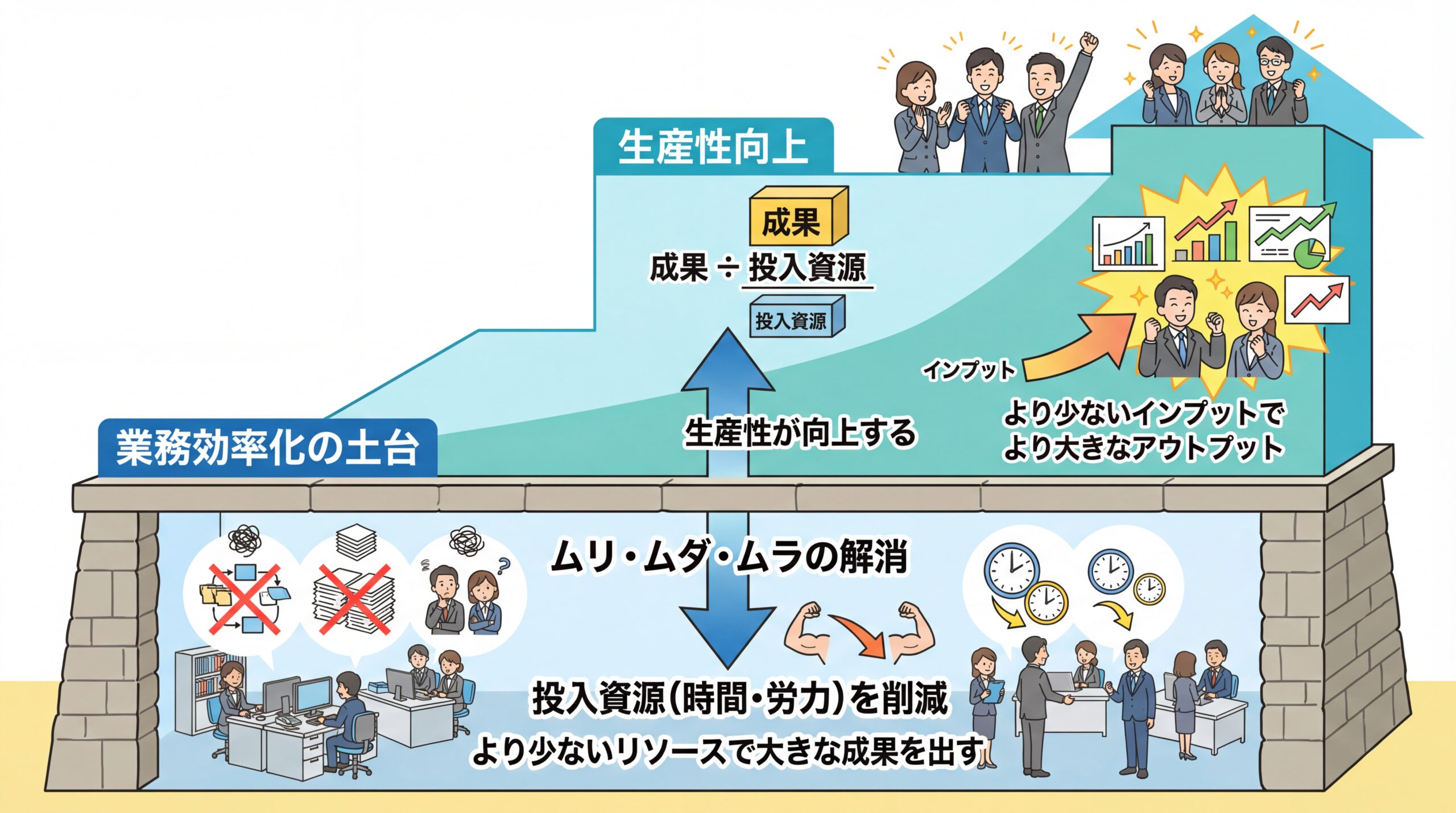 業務効率化を土台として生産性向上が実現されることを示す概念図