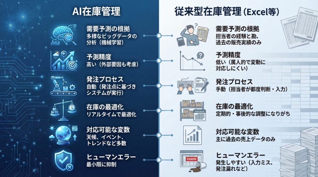 AI在庫管理と従来のExcelなどによる在庫管理を、需要予測の根拠や精度、発注プロセスなどの観点で比較した表