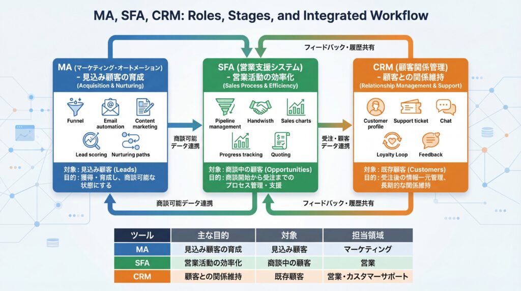 マーケティング領域を担当するMA、営業領域のSFA、顧客サポート領域のCRMの連携を示した概念図