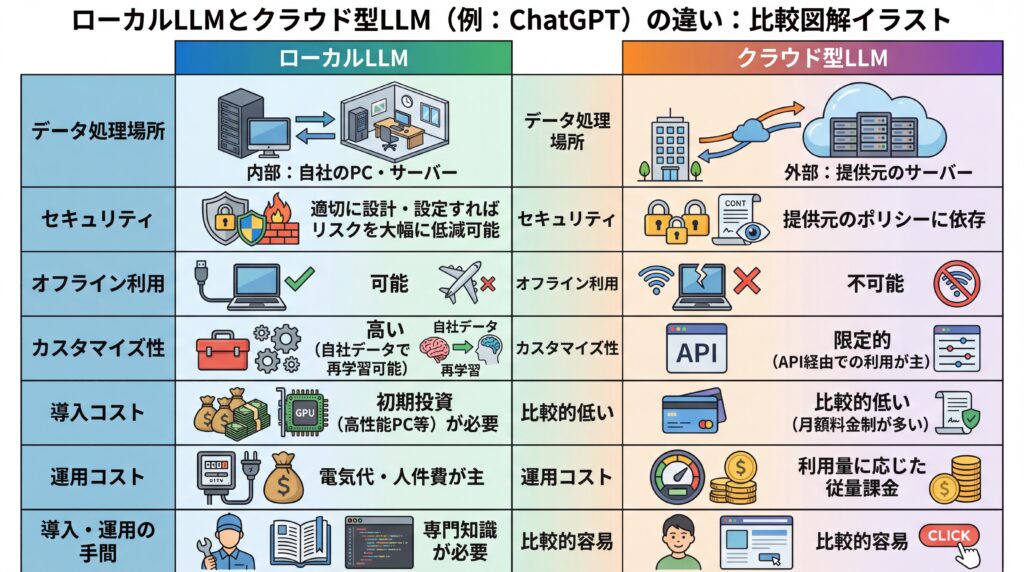 ローカルLLMとクラウド型LLMのセキュリティやコスト、カスタマイズ性などの違いをまとめた比較表