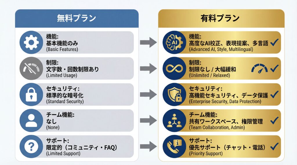 AI文章校正ツールの無料プランと有料プランを機能、制限、セキュリティ、チーム機能、サポートの観点から比較した表