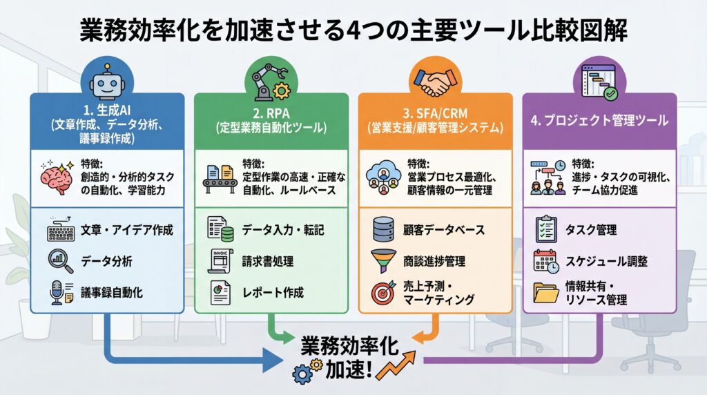 生成AI、RPA、SFA/CRM、プロジェクト管理ツールの特徴と主な用途をまとめた比較表