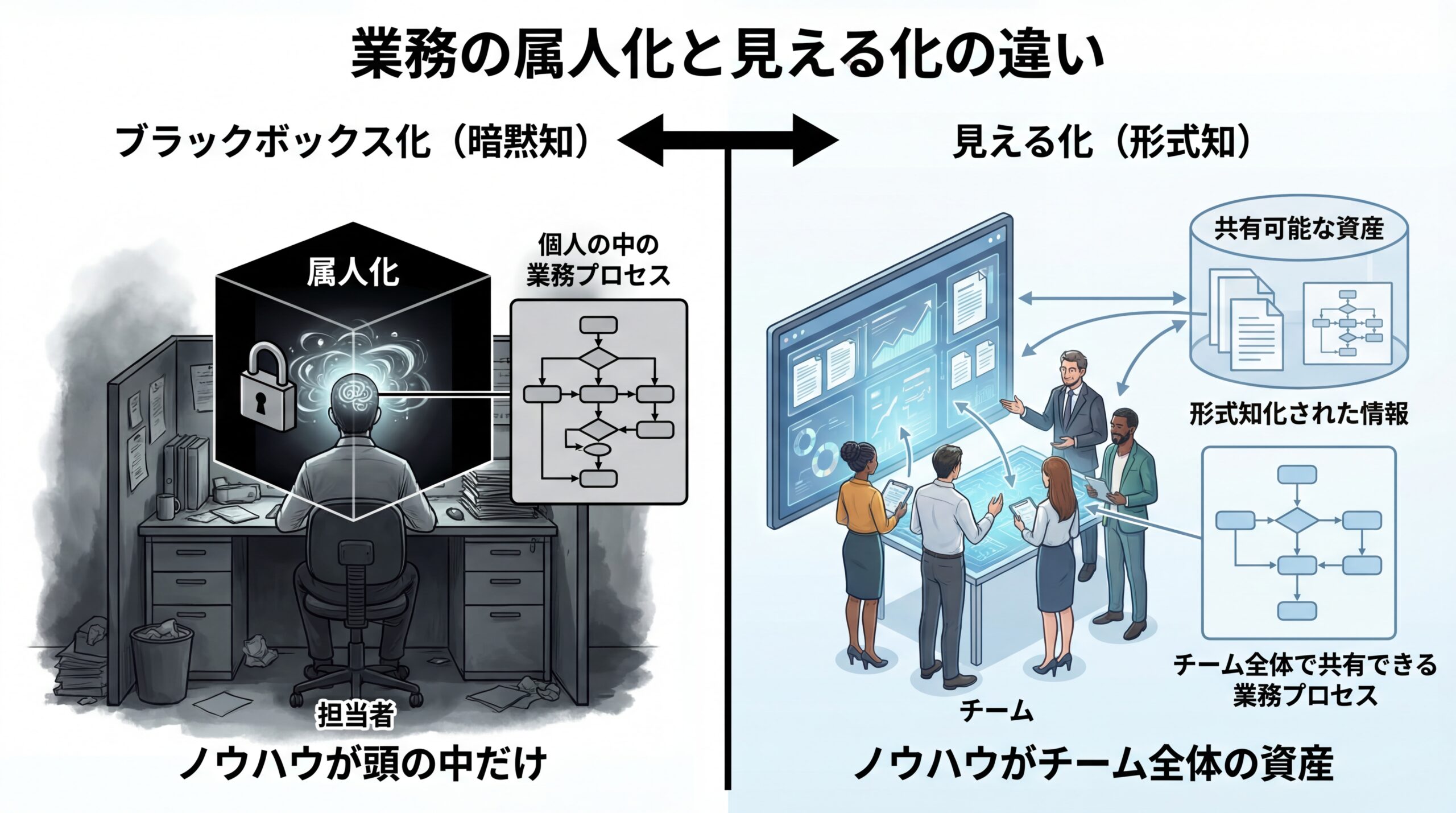 業務の属人化と見える化による情報共有の違いを表した概念図