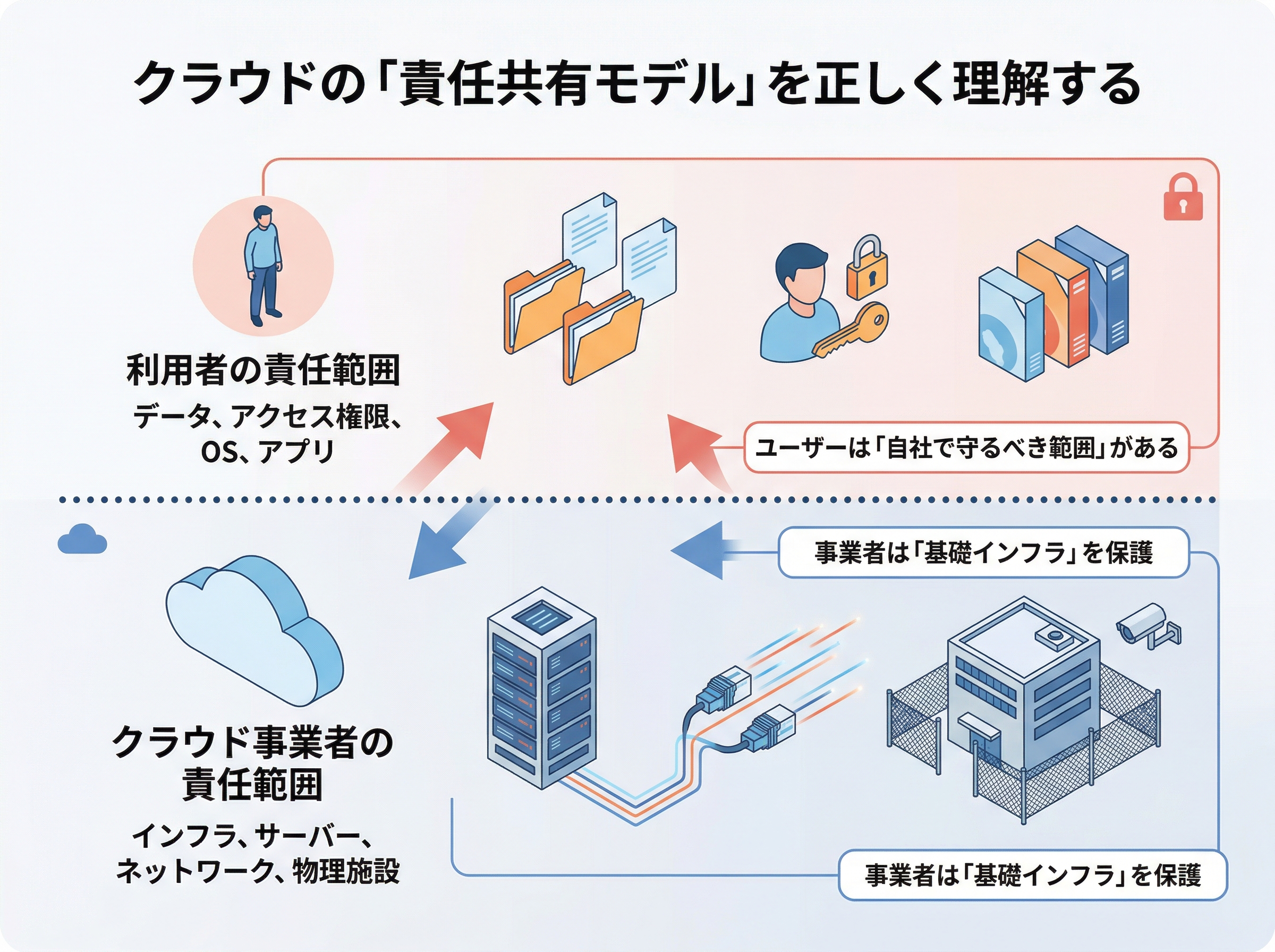 クラウドのセキュリティにおける責任共有モデルを図解したイラスト