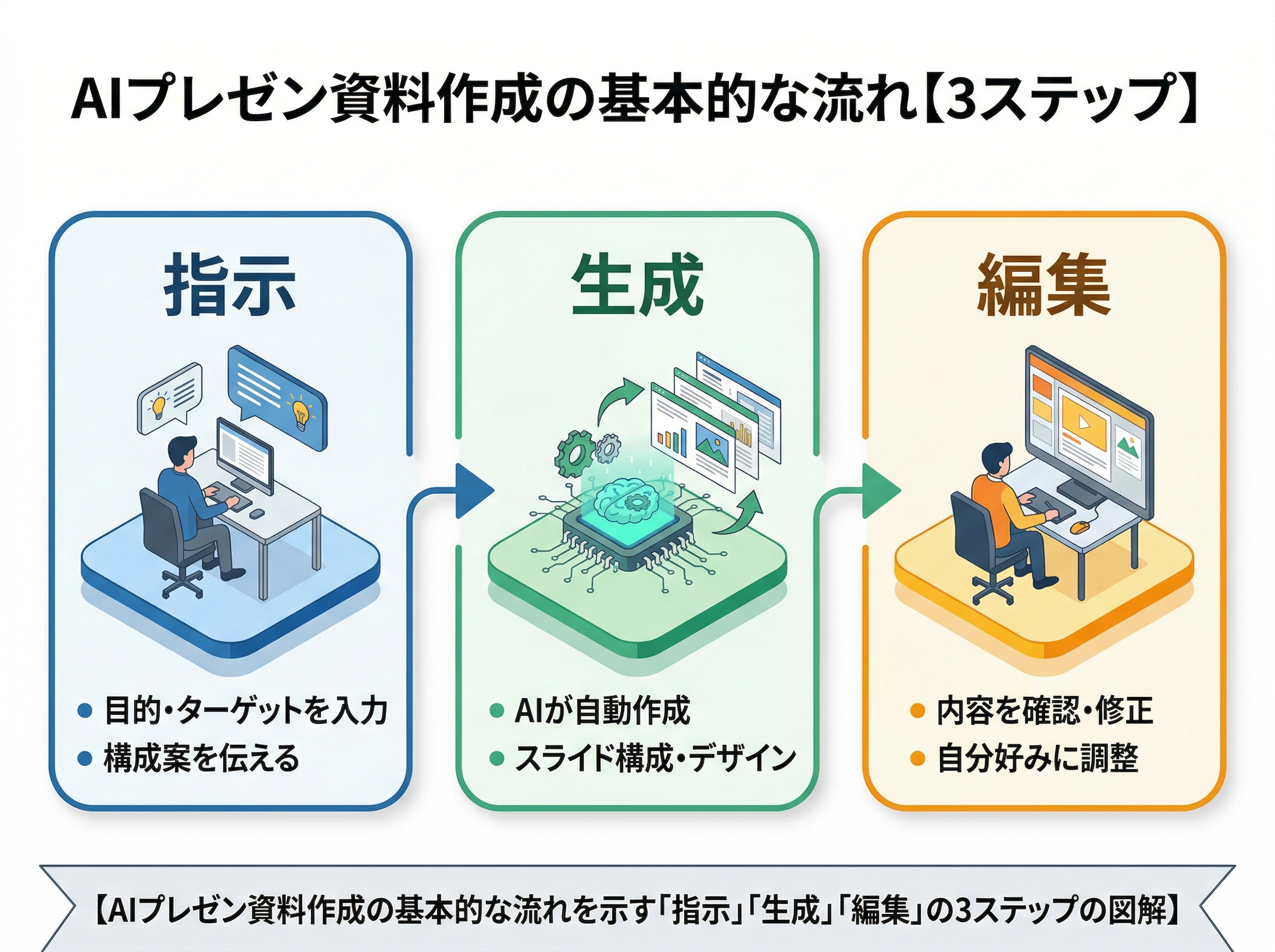 AIプレゼン資料作成の基本的な流れを示す「指示」「生成」「編集」の3ステップの図解