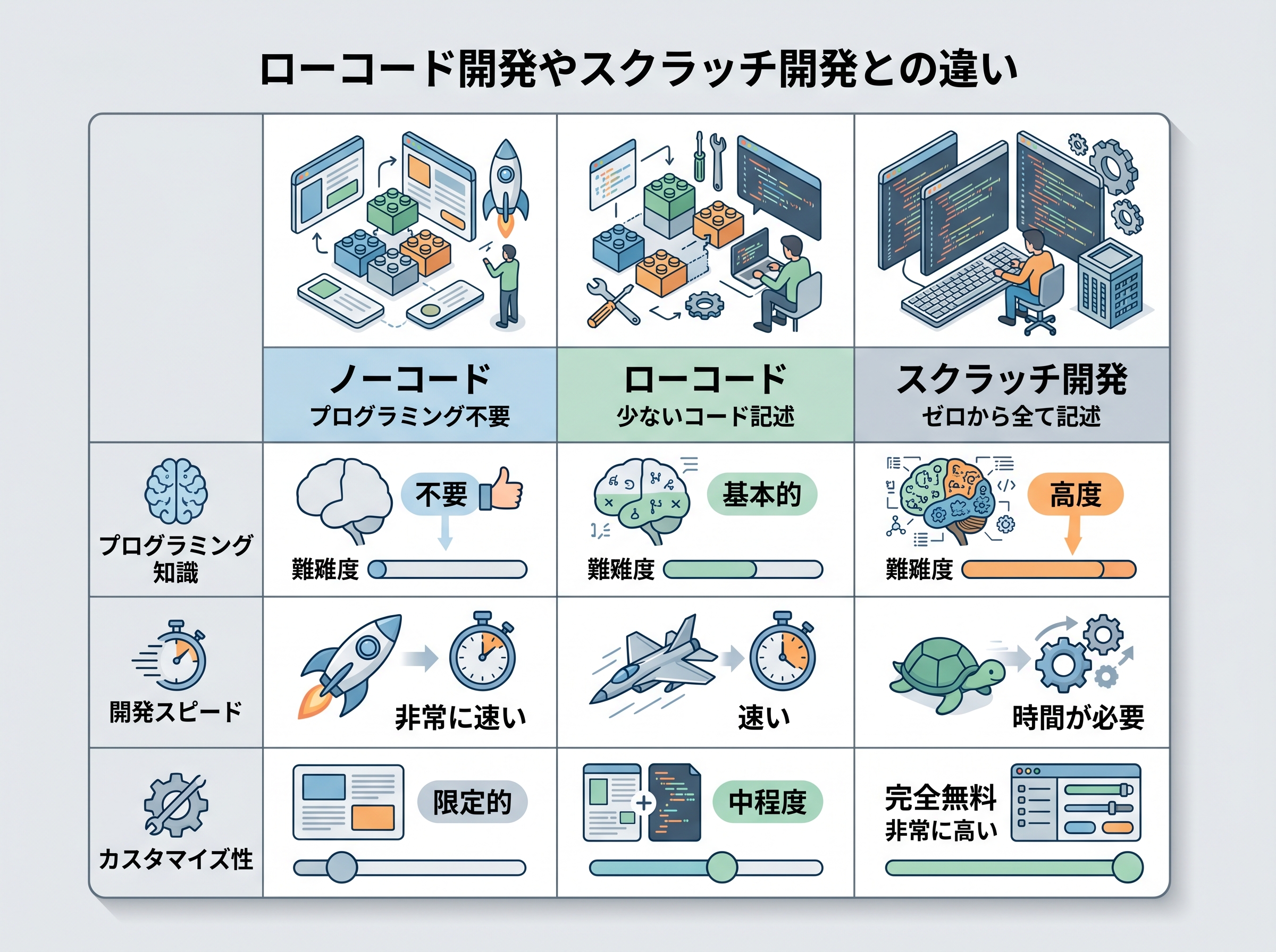 ノーコード、ローコード、スクラッチ開発をプログラミング知識、開発スピード、カスタマイズ性の観点で比較した表