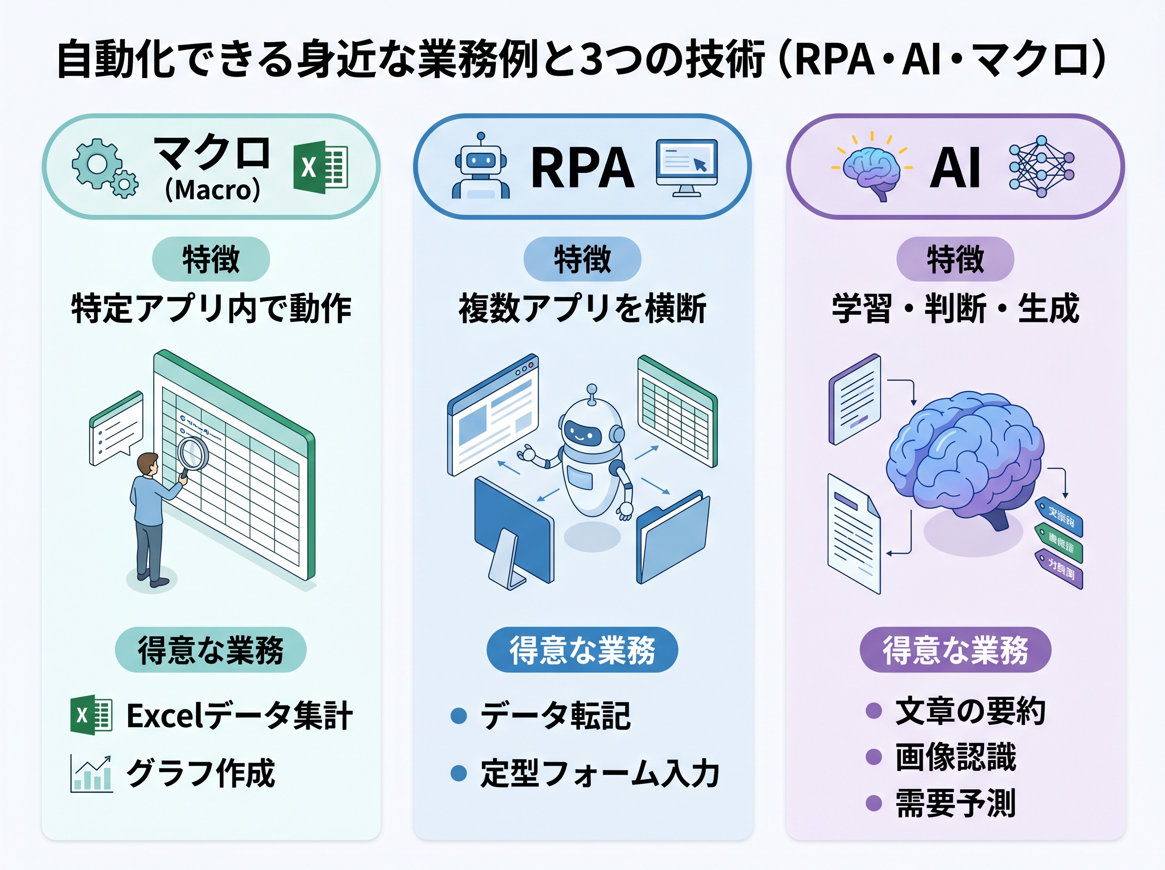 マクロ、RPA、AIのそれぞれの特徴と得意な業務を比較した図解