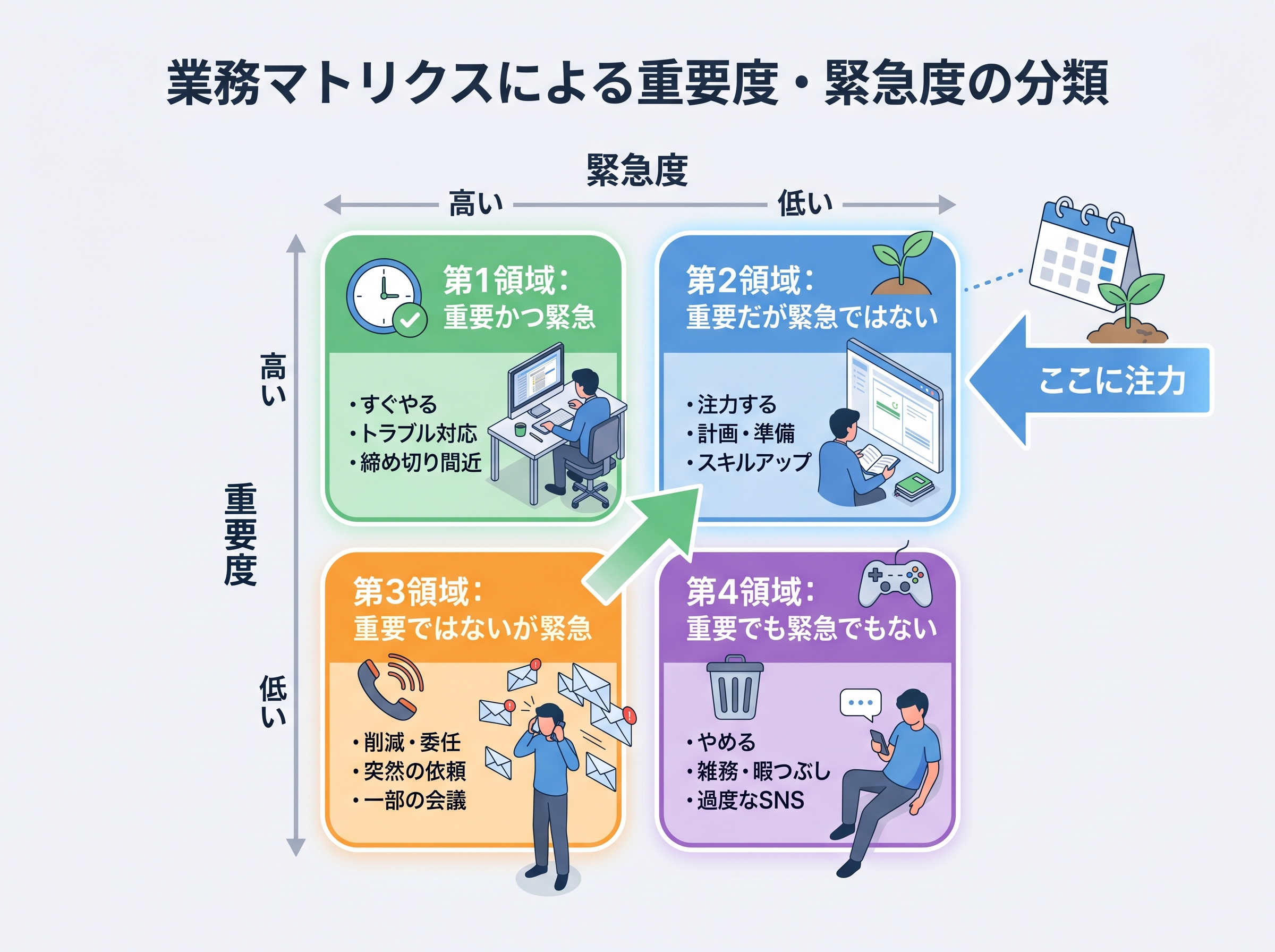 業務を重要度と緊急度の2軸で4つの領域に分類したアイゼンハワーマトリクスの図