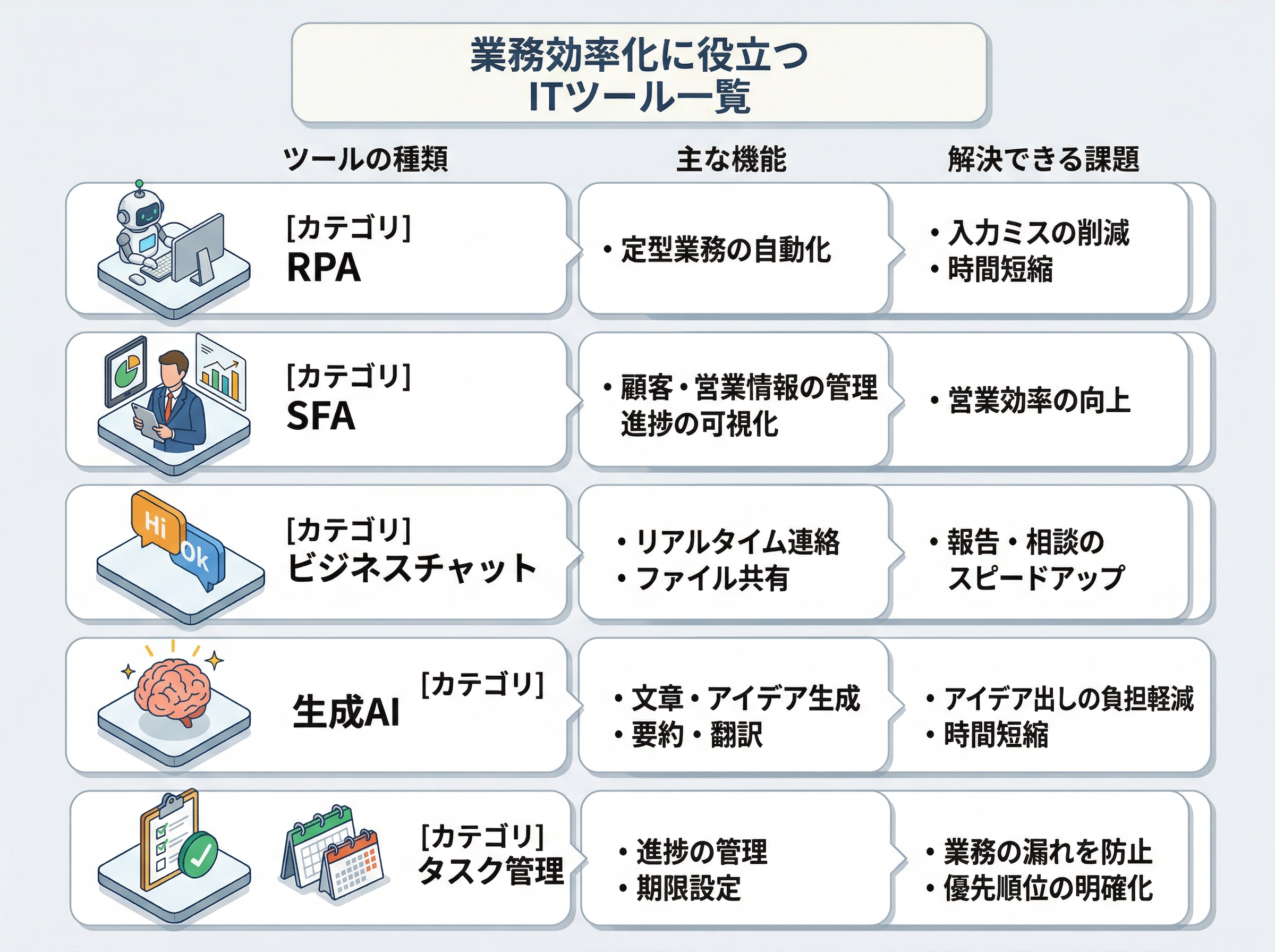 RPA、SFA、ビジネスチャット、生成AIなど業務効率化ツールのカテゴリと機能、解決できる課題をまとめた比較表