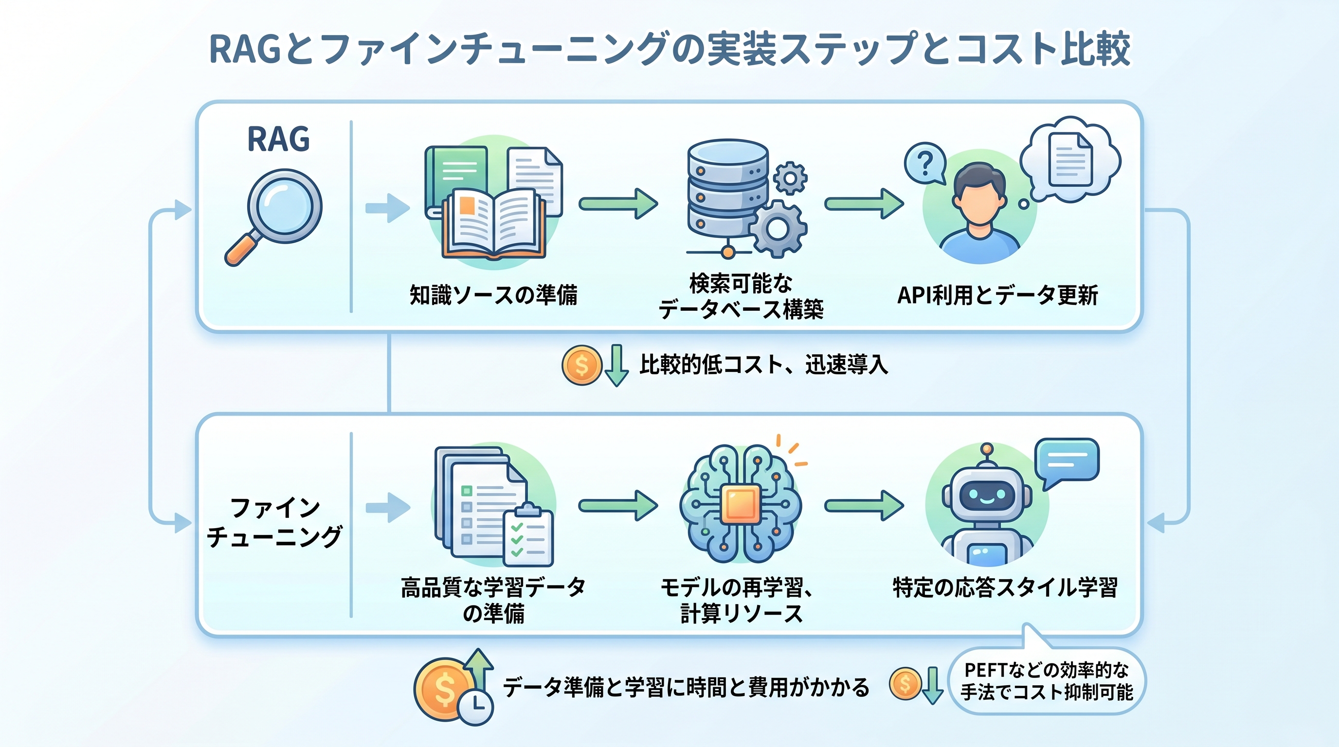 RAGとファインチューニングの実装ステップとコスト比較