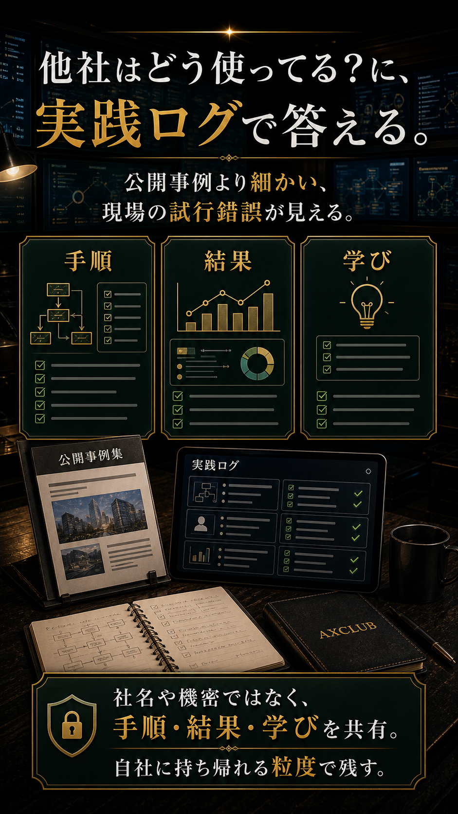 他社はどう使ってる？に、実践ログで答える。公開事例より細かい、現場の試行錯誤が見える。社名や機密ではなく、手順、結果、学びを共有する。自社に持ち帰れる粒度で残す。