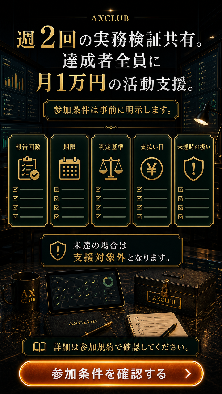 週2回の実務検証共有。達成者全員に月1万円の活動支援。参加条件は事前に明示。報告回数、期限、判定基準、支払い日、未達時の扱いを確認できる。未達の場合は支援対象外となり、詳細は参加規約で確認する。