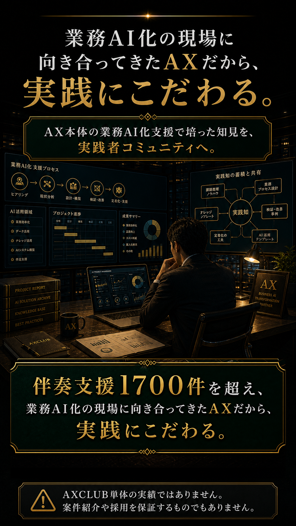 伴奏支援1700件を超え、業務AI化の現場に向き合ってきたAXだから、実践にこだわる。AXCLUB単体の実績ではなく、案件紹介や採用を保証するものでもない。