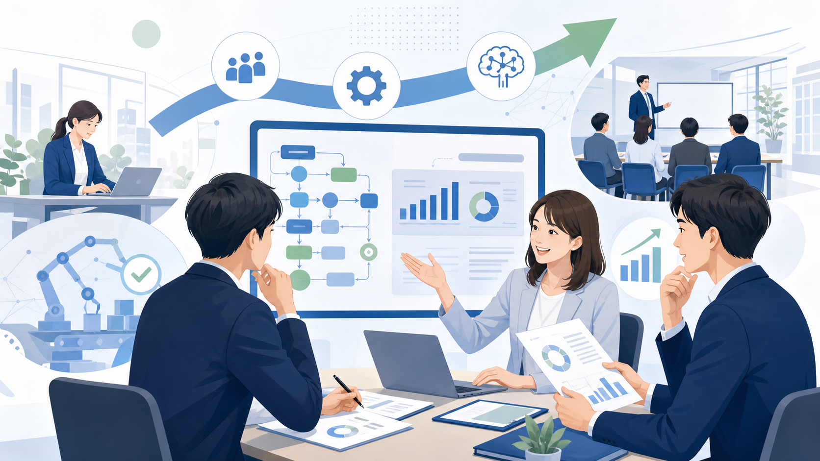 AX CAMPとは？AI活用を現場業務に定着させる法人向け研修と伴走支援を表す図解イラスト