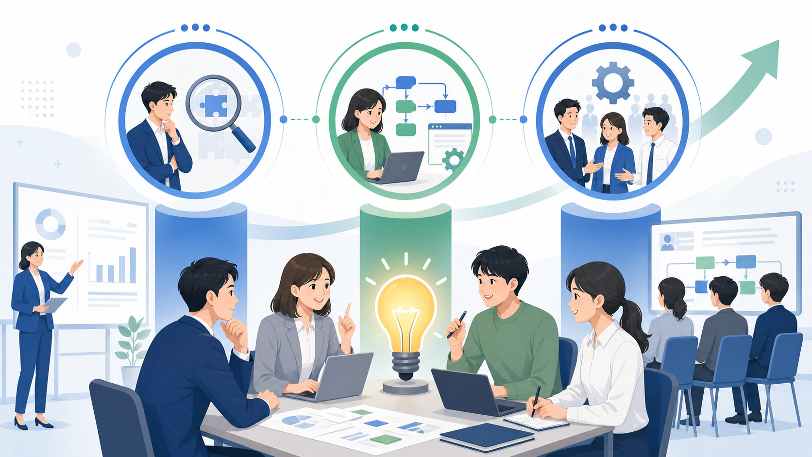 受講から伴走支援までの流れを解説！動画学習後に現場課題へ落とし込むを表す図解イラスト