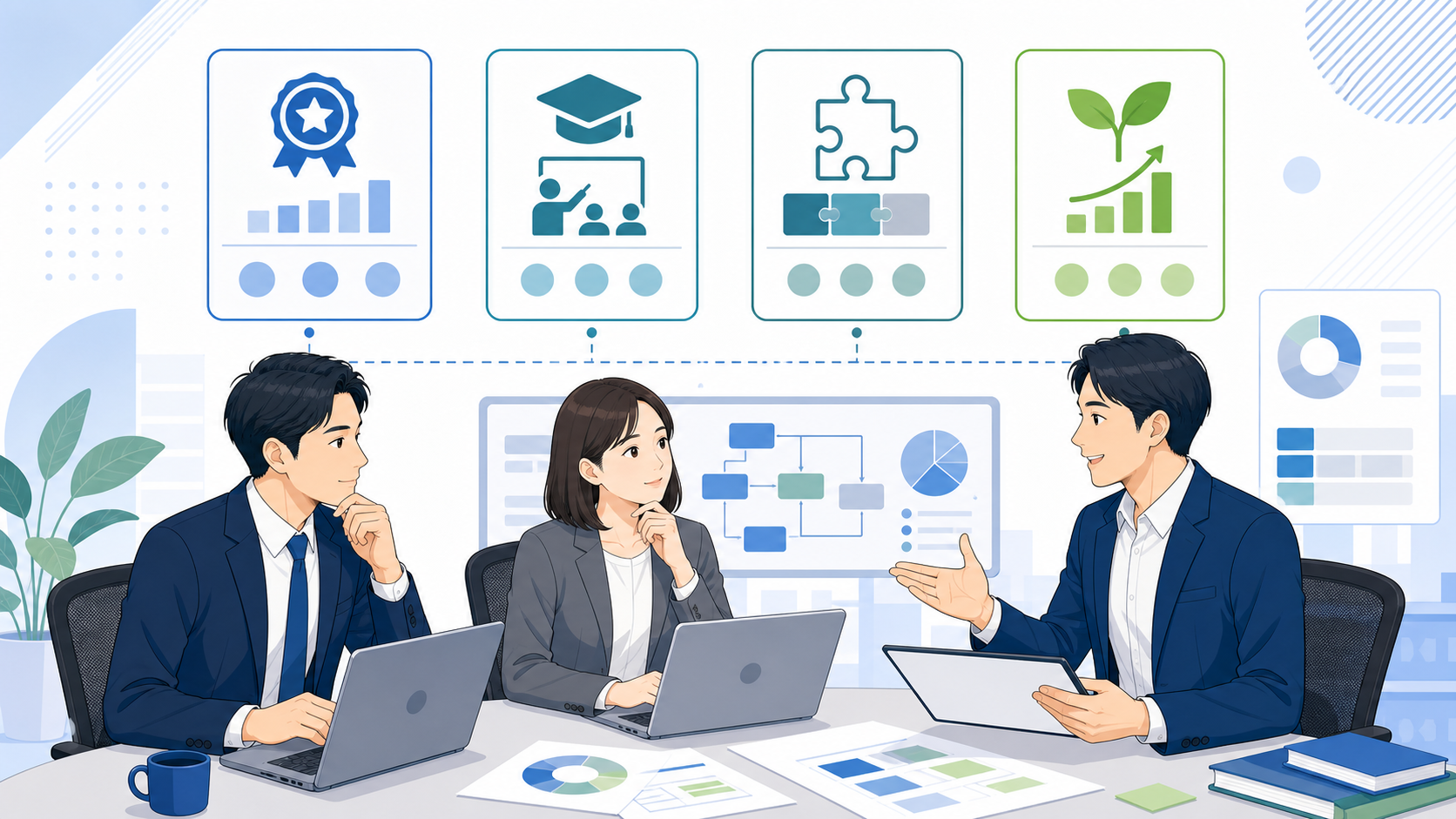 自社に適した支援パートナーの選定基準を表す図解イラスト