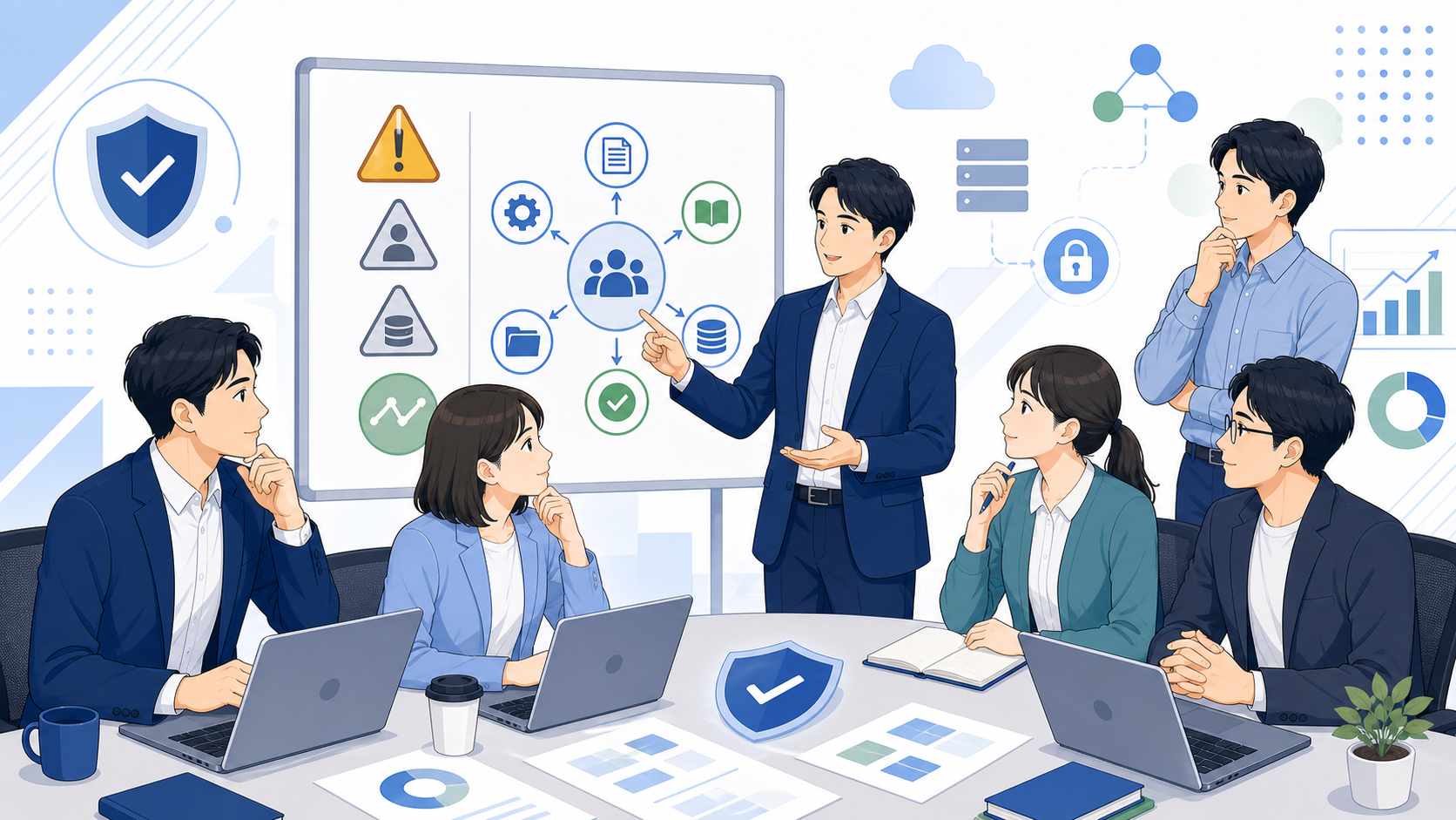 内製化を進める際の注意点とリスク対策を表す図解イラスト