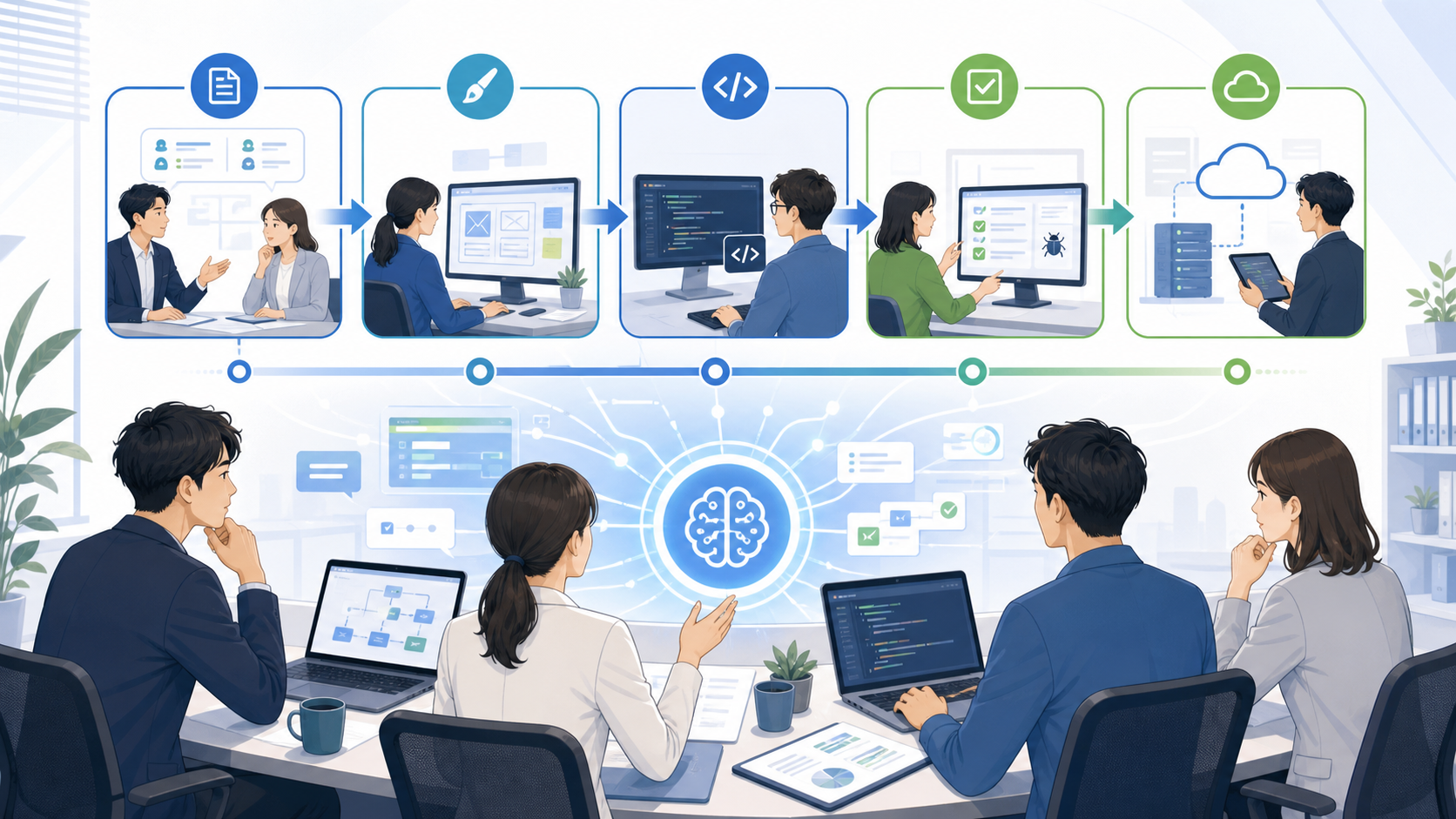 AIを活用した次世代の開発プロセスとワークフローを表す図解イラスト