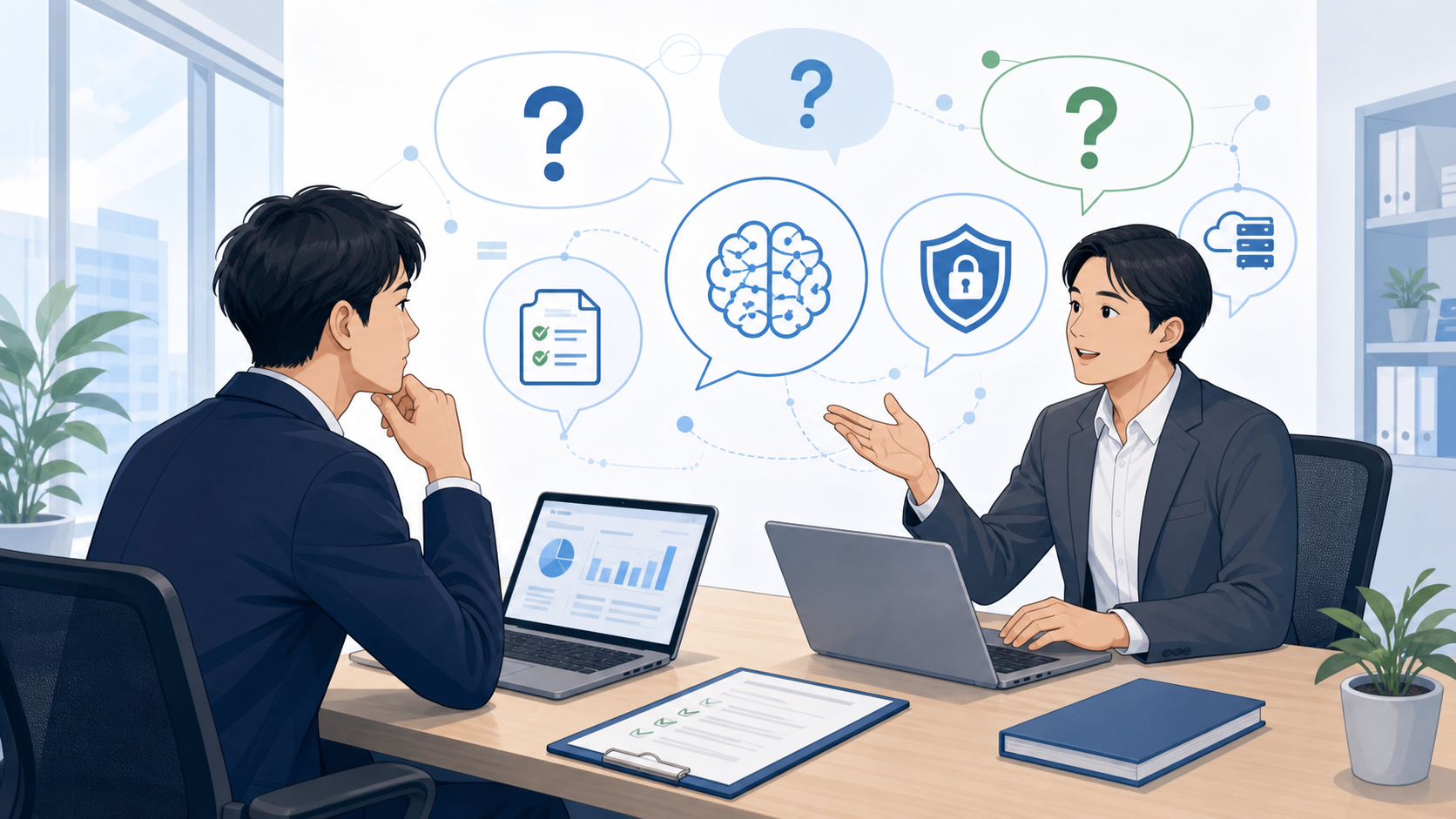 AIを活用した開発に関するよくある質問（FAQ）を表す図解イラスト