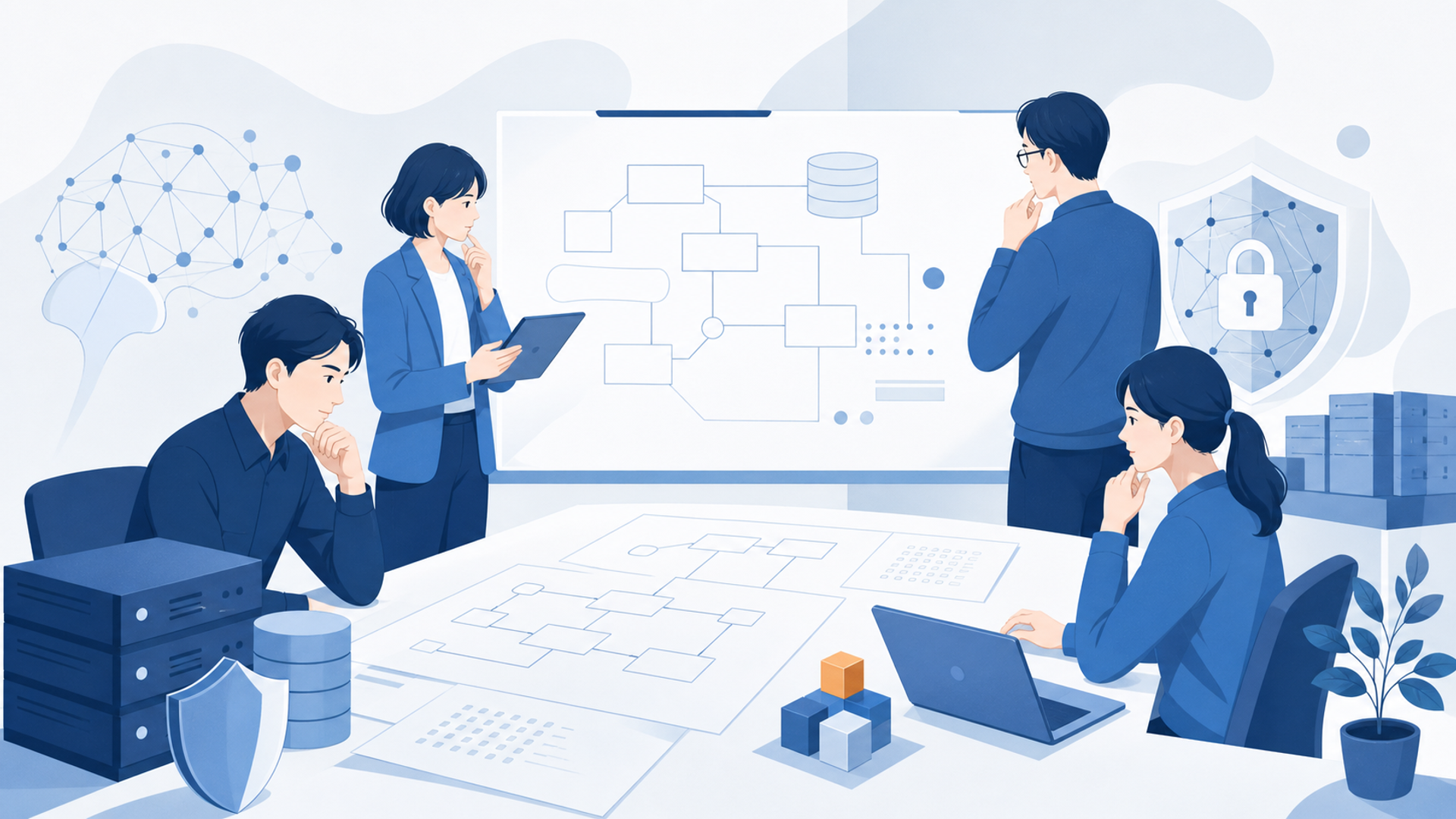 自社開発を行う際に注意すべきリスクを表す図解イラスト