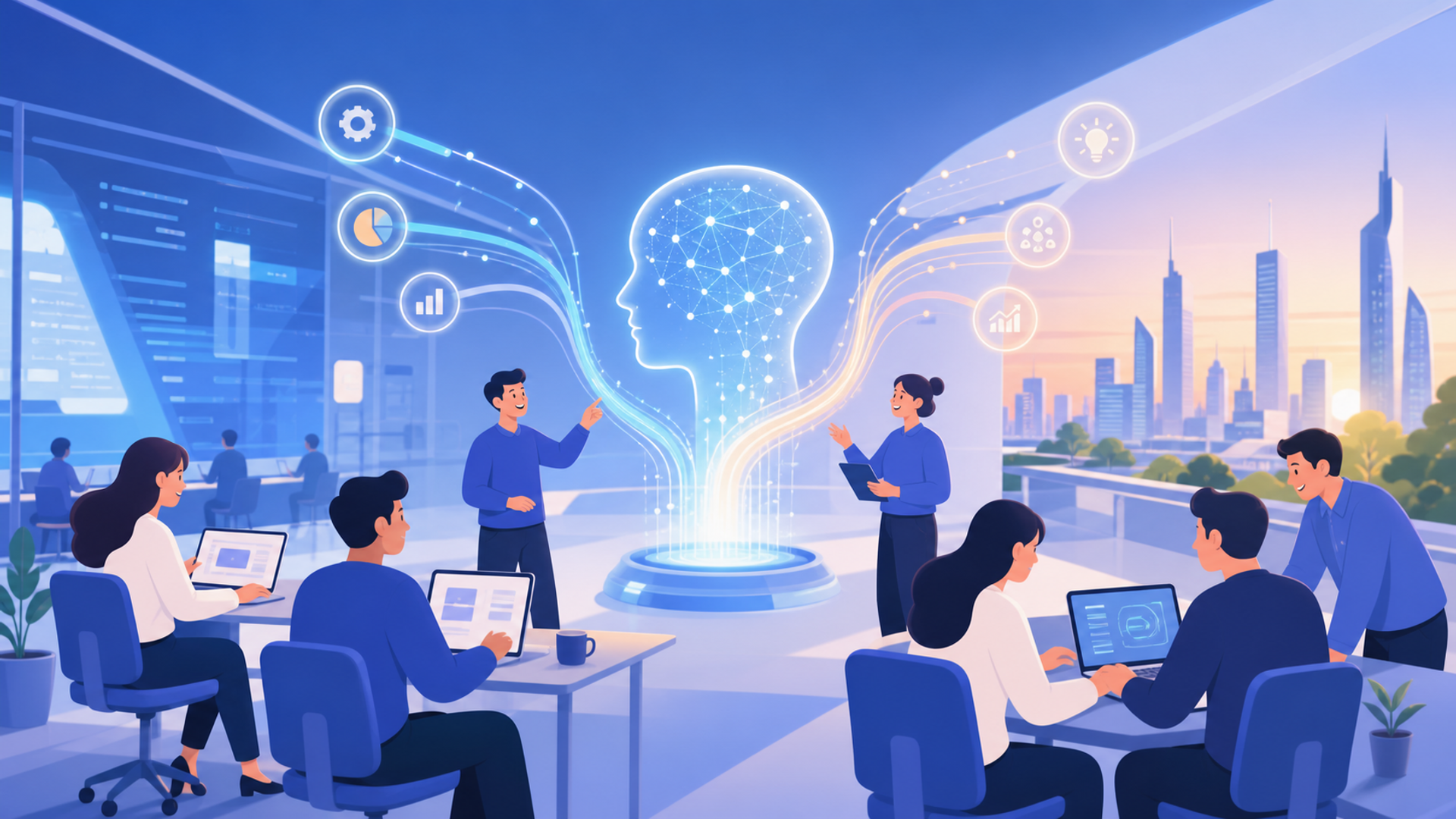 企業がAI人材の育成を急ぐ背景と導入のメリットを表す図解イラスト