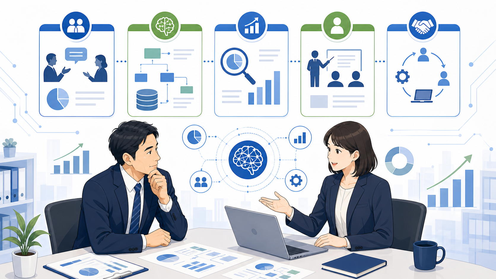 AI顧問とは？提供される3つのサービスタイプを表す図解イラスト
