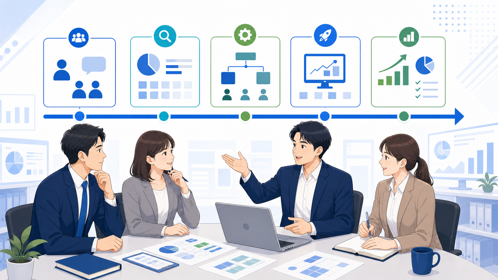 導入から3ヶ月で成果を出すためのロードマップを表す図解イラスト