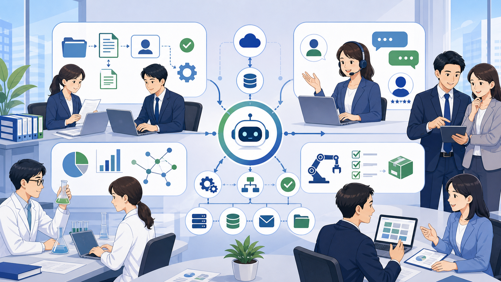 ビジネス現場における主な活用領域と導入実績を表す図解イラスト