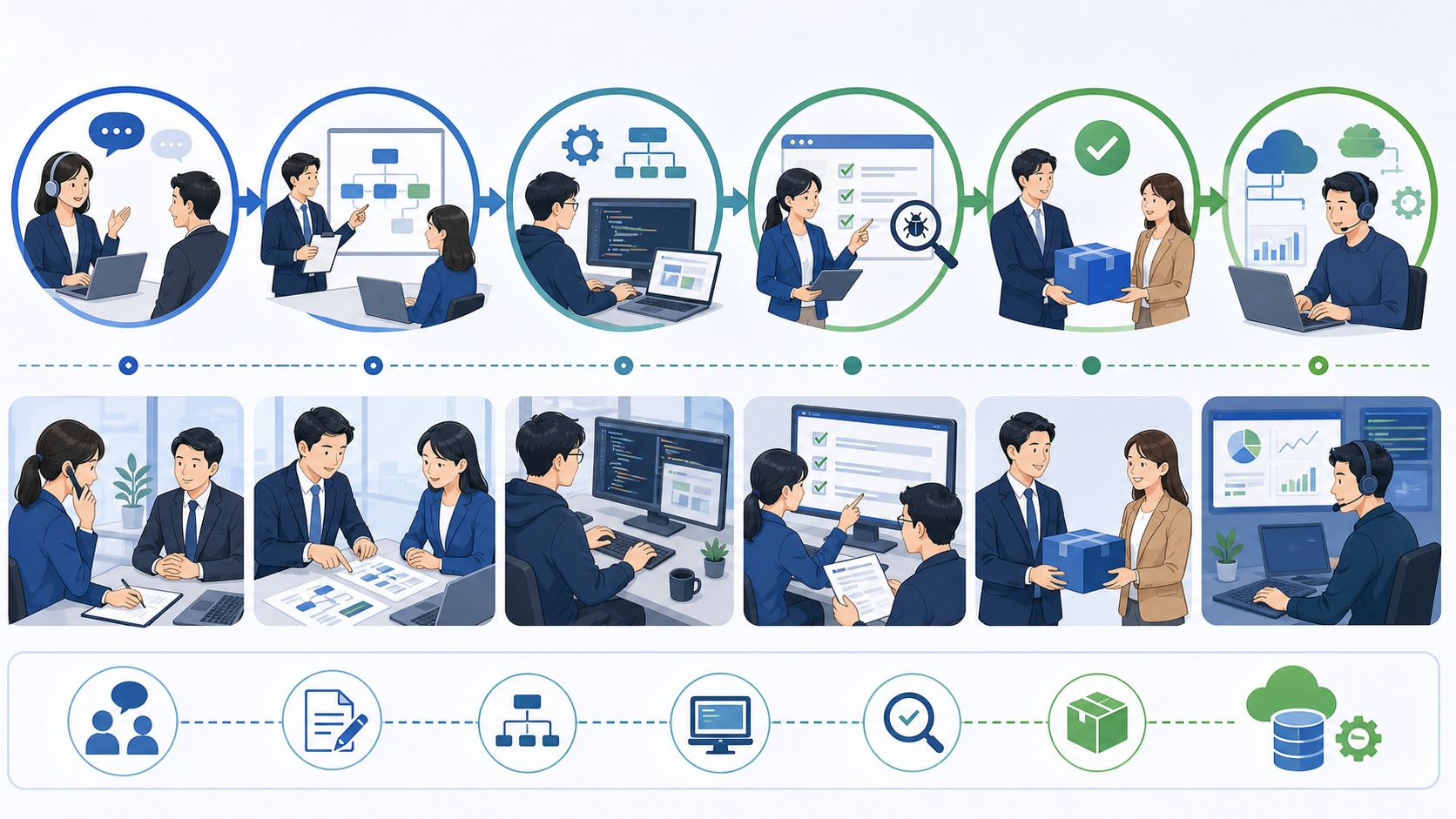 お問い合わせから納品・運用までの具体的な手順を表す図解イラスト