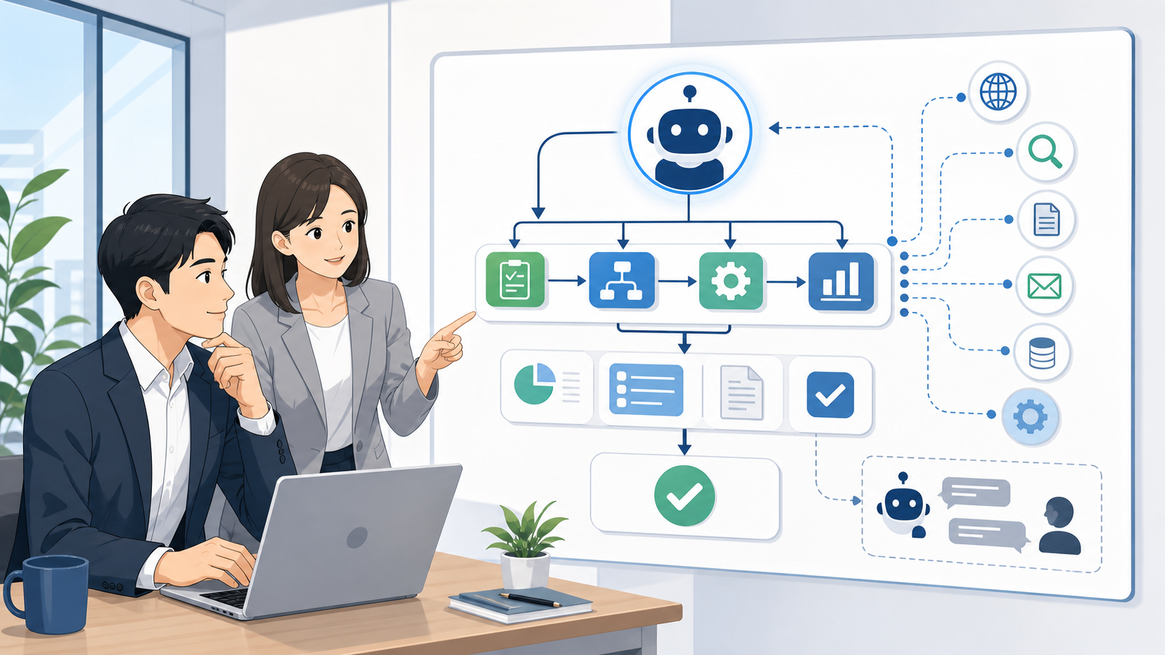 AIエージェントとは？従来のAIとの違いと基本機能を表す図解イラスト