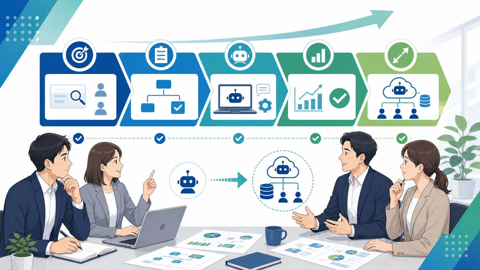 費用を抑えてAIエージェントを導入する手順を表す図解イラスト