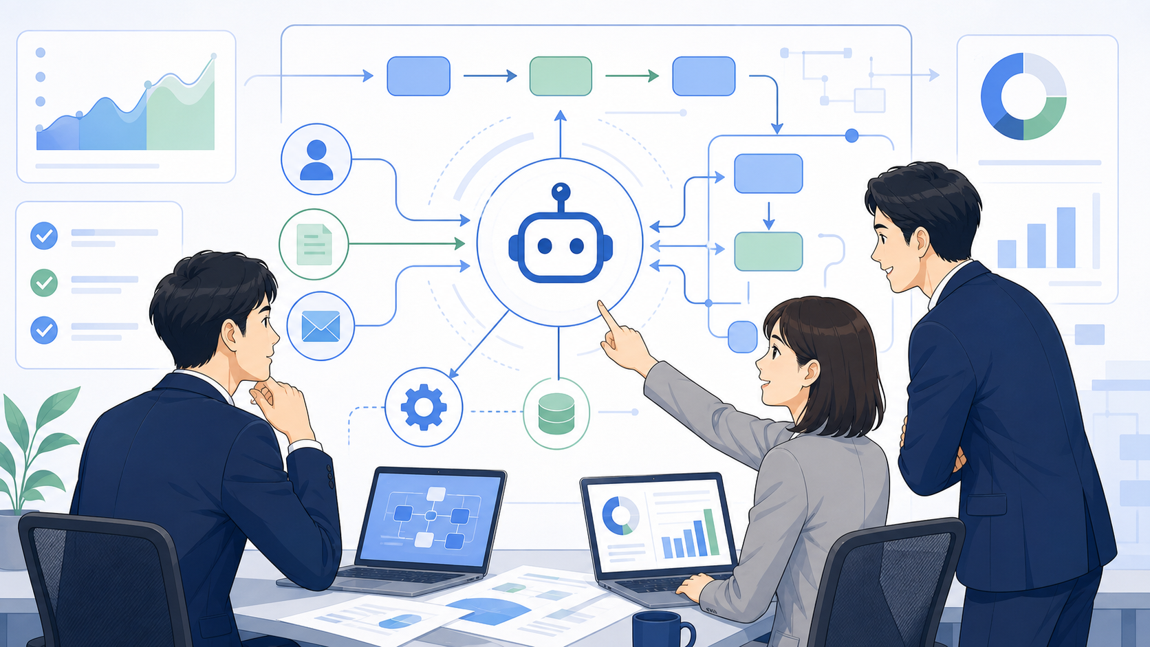 そもそもAIエージェントとは？自律的に動く仕組みと従来のツールとの違いを表す図解イラスト