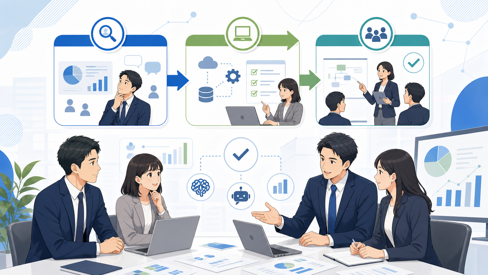 中小企業向けAIコンサルティングの主な支援内容を表す図解イラスト