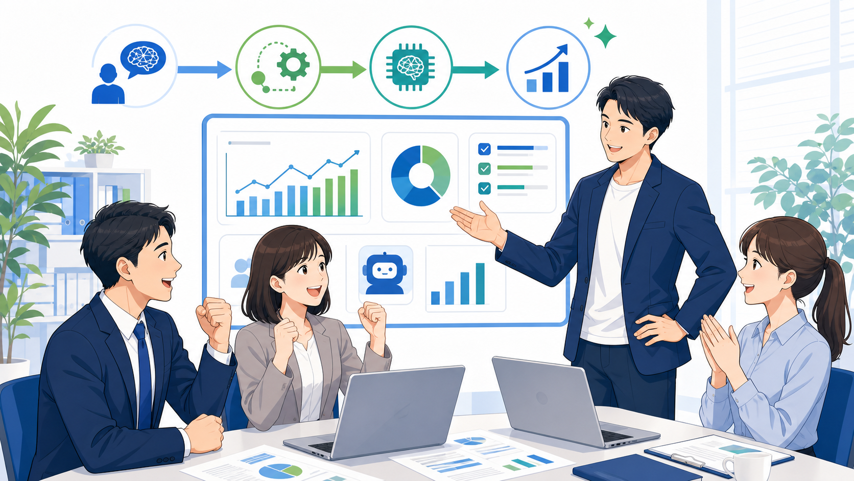 AIコンサルを導入した中小企業の成功事例を表す図解イラスト