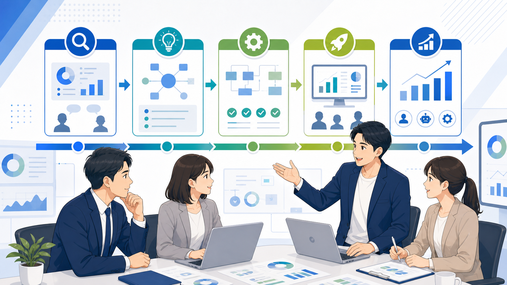 中小企業がAIコンサルを活用する際の手順を表す図解イラスト
