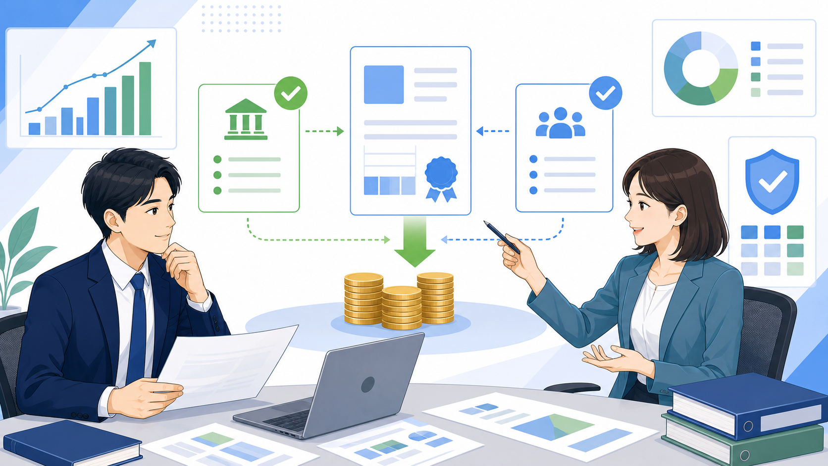 AI導入費用を抑えるために活用したい3つの補助金・助成金を表す図解イラスト