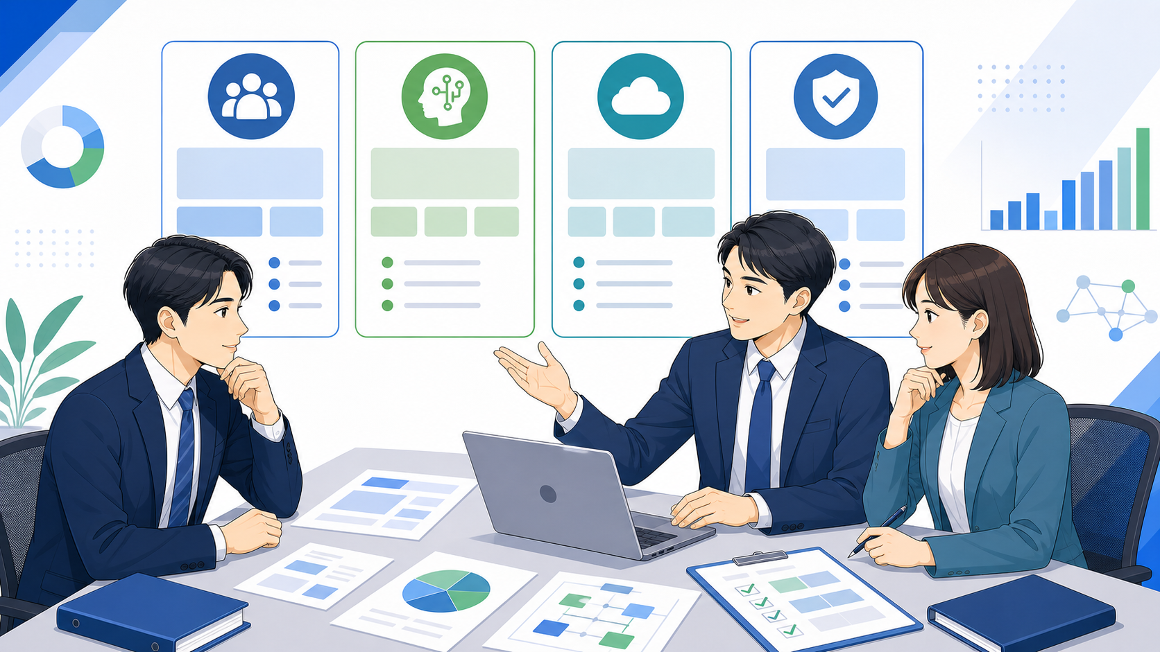 おすすめのAI導入支援サービス3選を表す図解イラスト