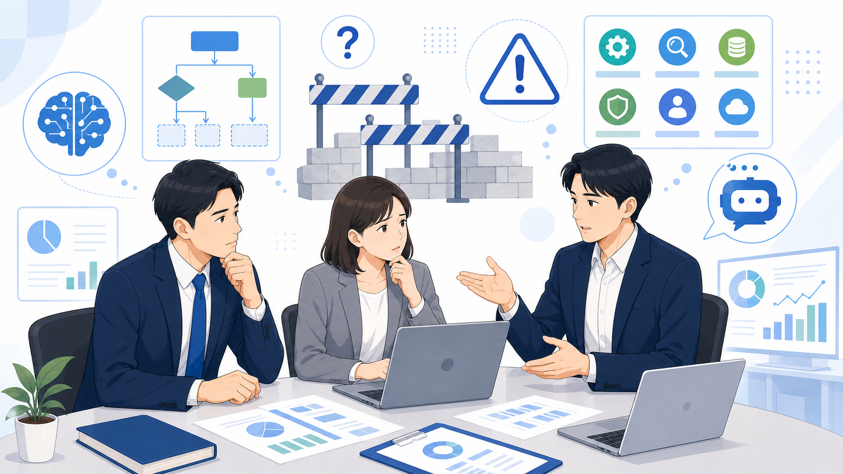 AIの導入を検討する企業が直面しやすい課題を表す図解イラスト
