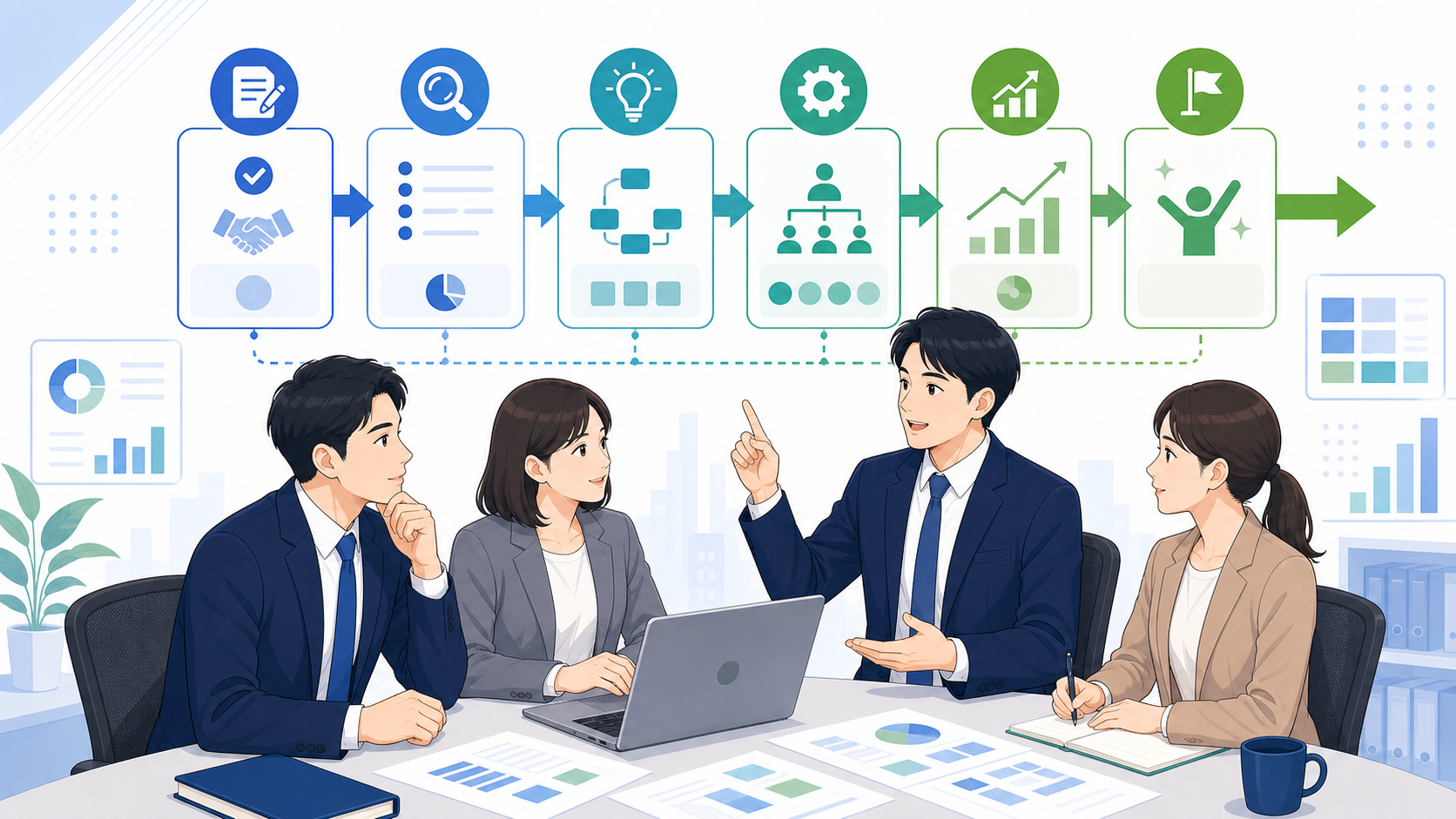 契約から業務改善を進めるための3つのステップを表す図解イラスト