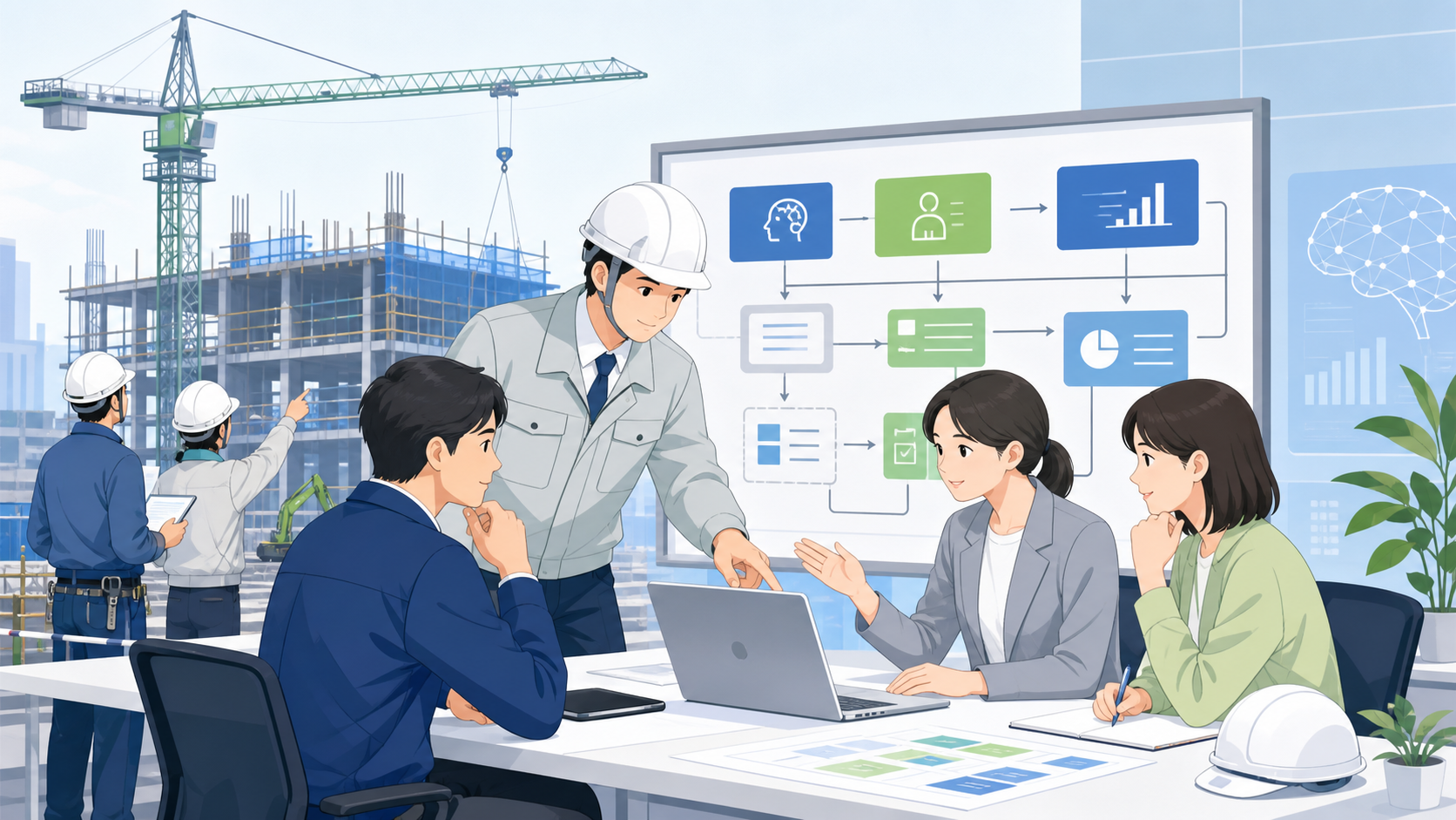 建設業においてAI研修が急務となっている背景を表す図解イラスト