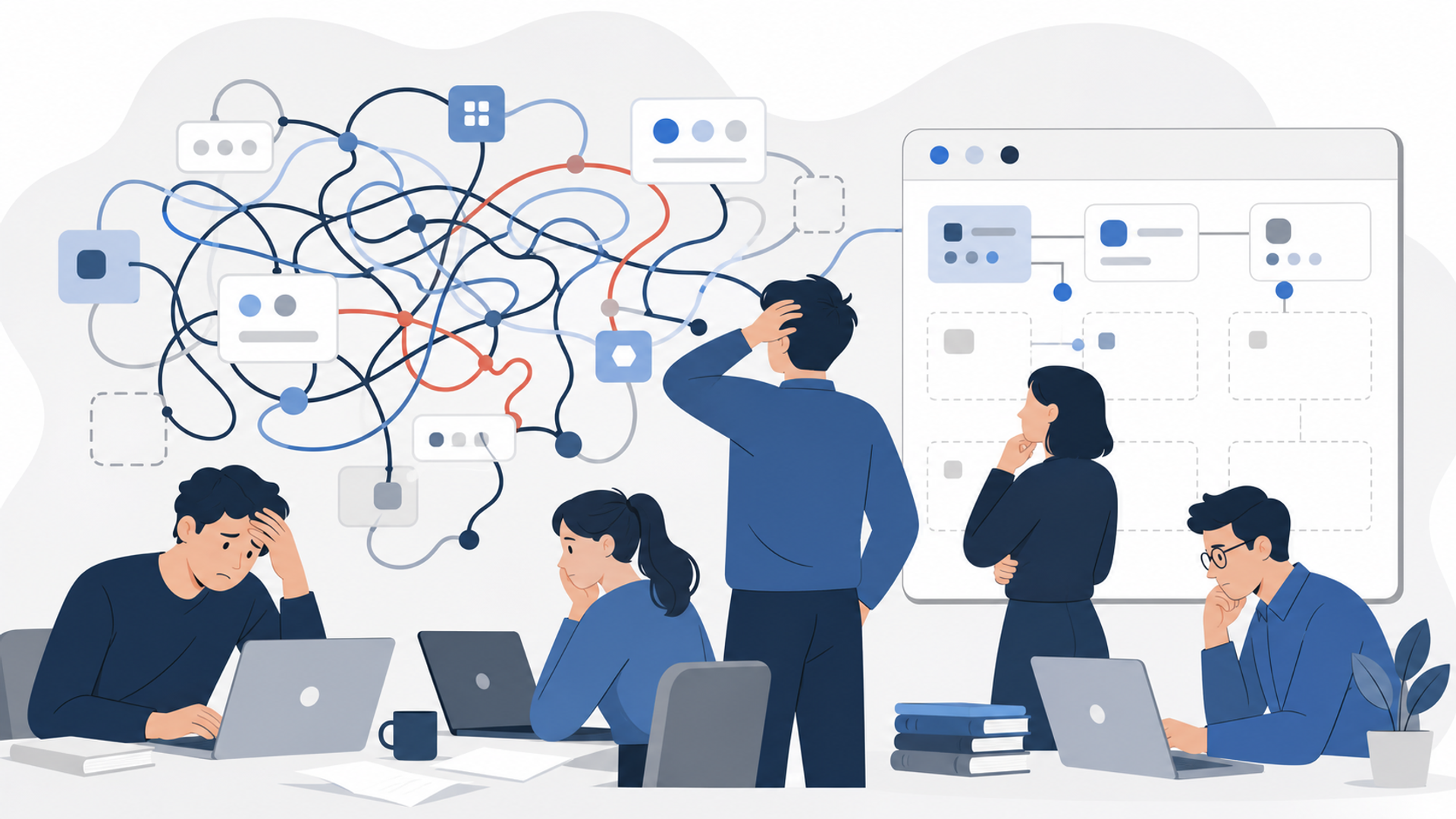 Difyを自社で開発・構築する場合の課題とデメリットを表す図解イラスト