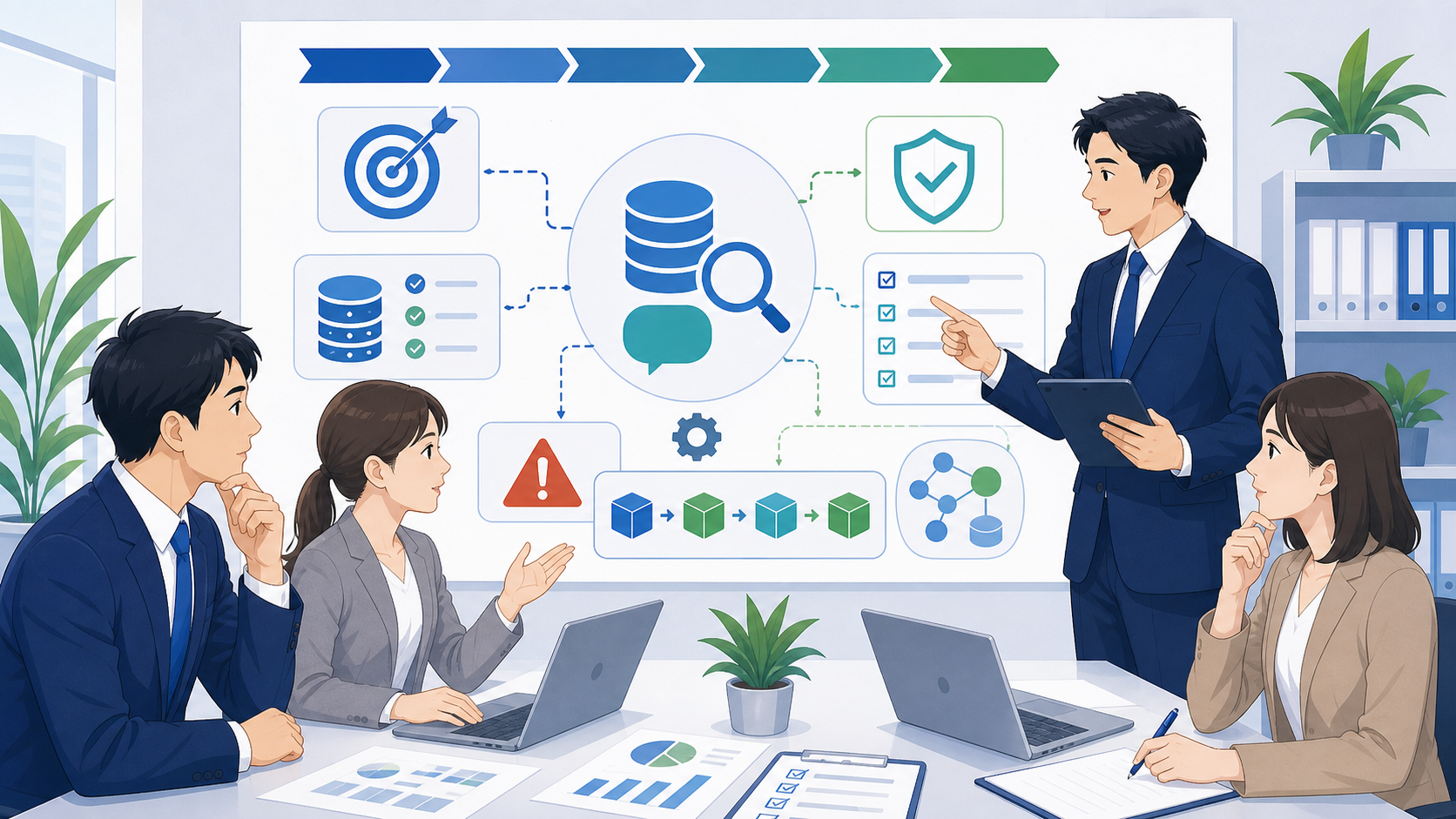 プロジェクトを成功に導くための注意点を表す図解イラスト