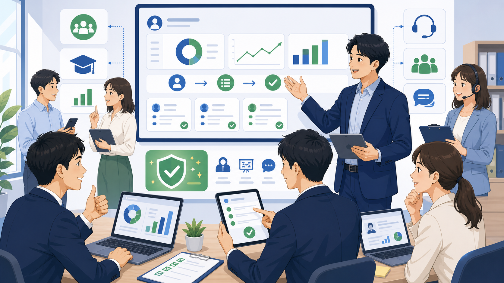 乗り換え後のシステム定着を促すポイントを表す図解イラスト