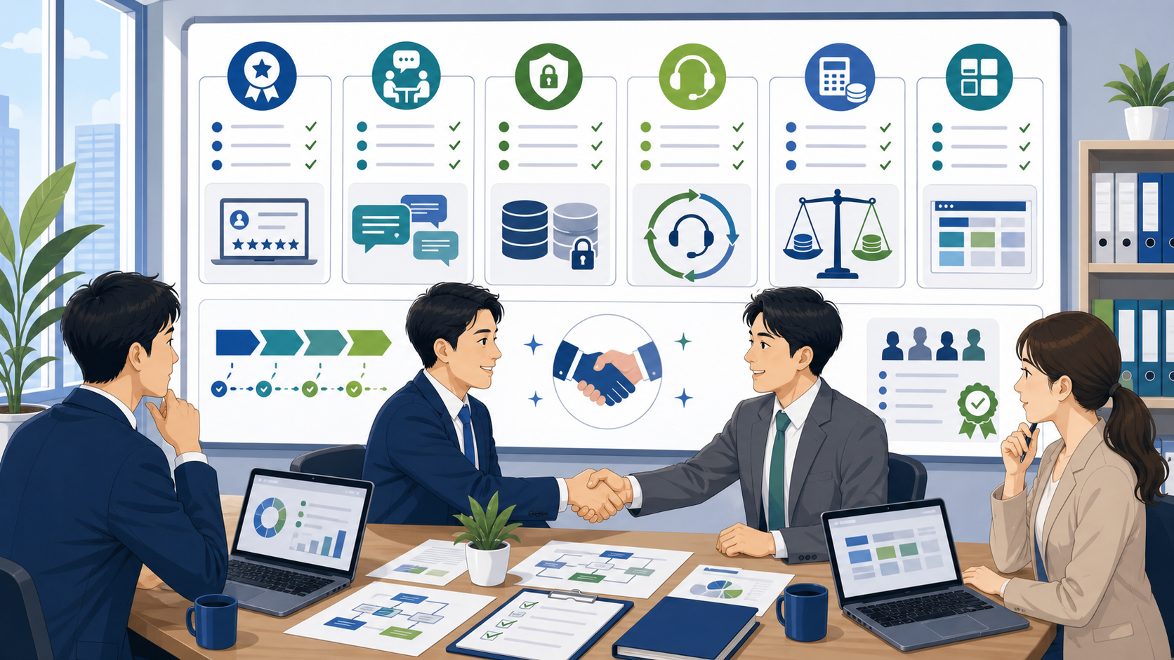 信頼できるシステム開発会社を選定するためのチェックポイントを表す図解イラスト