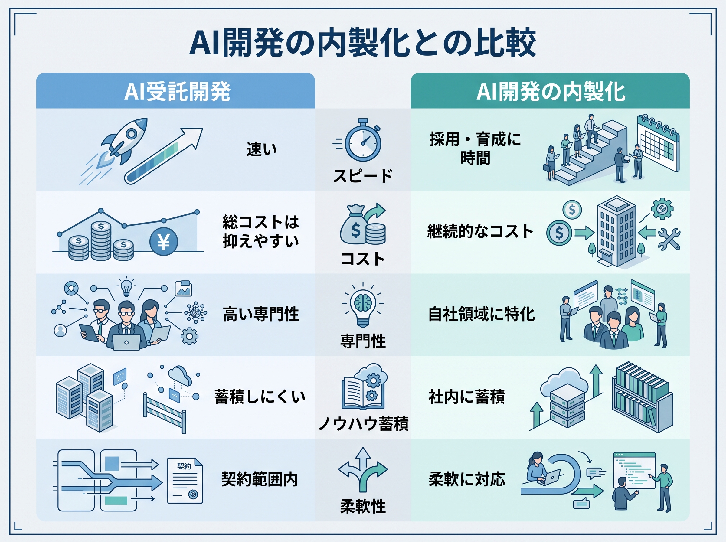 AI受託開発とAI開発の内製化をスピード、コスト、専門性、ノウハウ蓄積、柔軟性の観点で比較した表